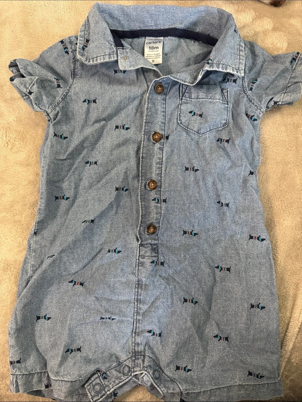 Carter's Light Blue Chambray Romper with Fish Print